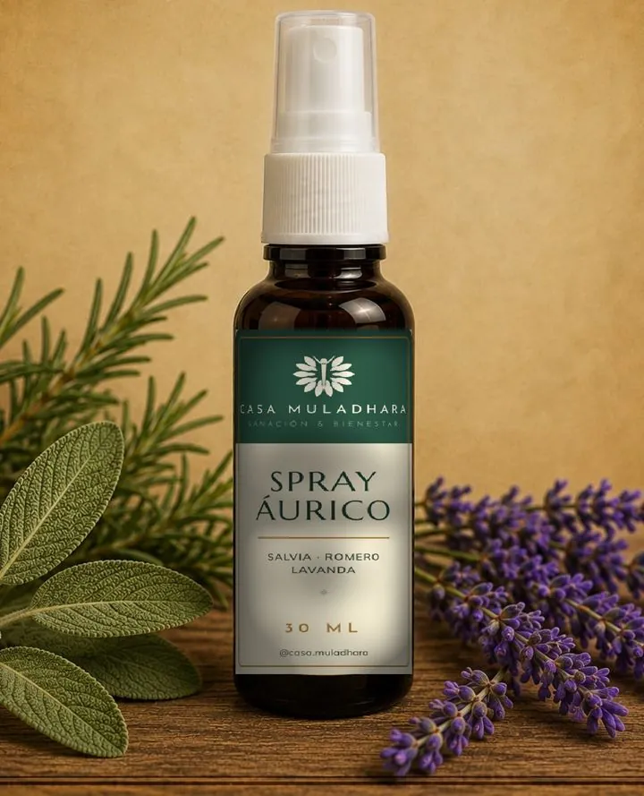 Spray Áurico de 30 ml con la nueva etiqueta verde y crema de Casa Muladhara