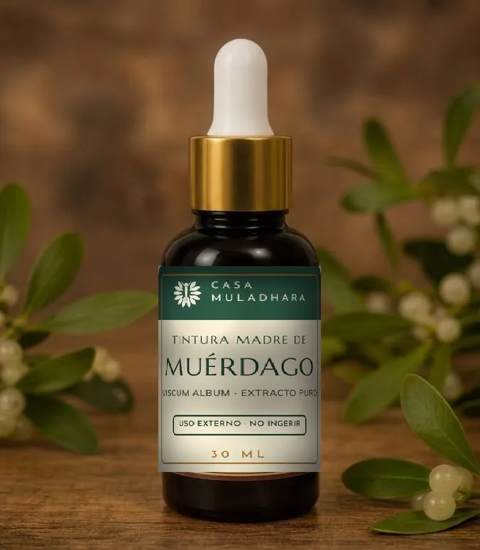 Tintura Madre de Muérdago de 30 ml con la nueva etiqueta verde y crema de Casa Muladhara